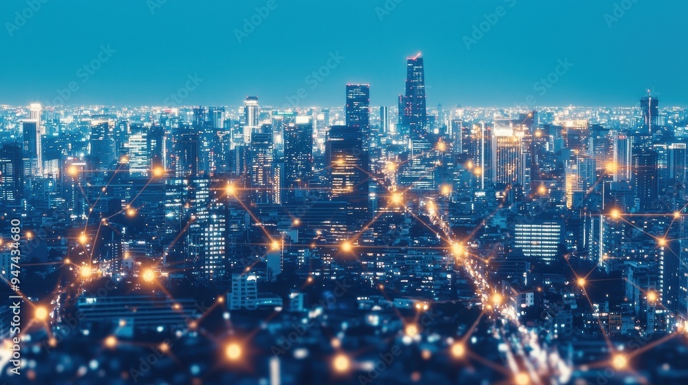 Obraz premium Night Cityscape with Connected Network Lights