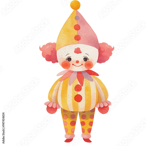 cute kid clown standing with nice smile in watercolor style
