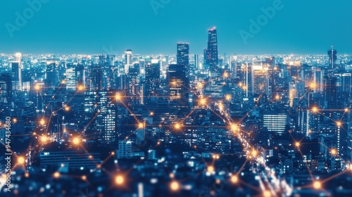 Night Cityscape with Connected Network Lights