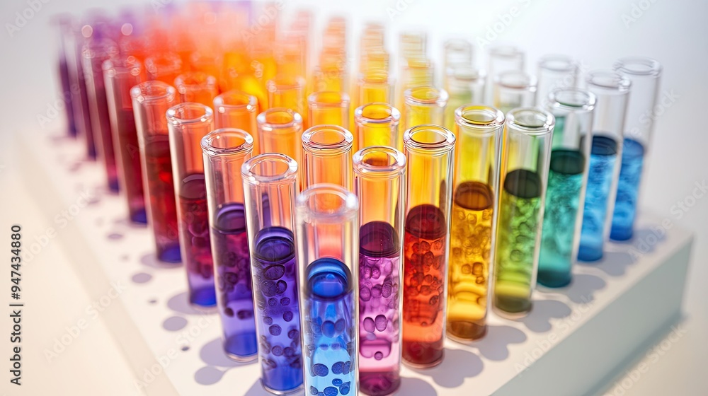 A close-up of multicolored samples in test tubes, arranged like a rainbow on a white lab bench. A close-up of multicolored samples in test tubes, arranged like a rainbow on a white lab bench.