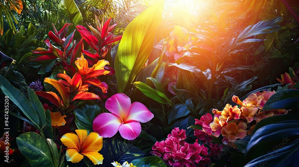 A colorful array of tropical flowers and large leaves in a vibrant garden, with sunlight streaming through. A colorful array of tropical flowers and large leaves in a vibrant garden, with sunlight streaming through.
