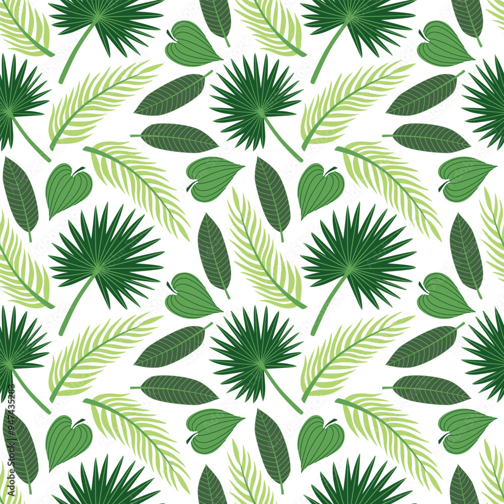 Fototapeta premium Green tropical leaves seamless pattern. Flat style vector illustrated background
