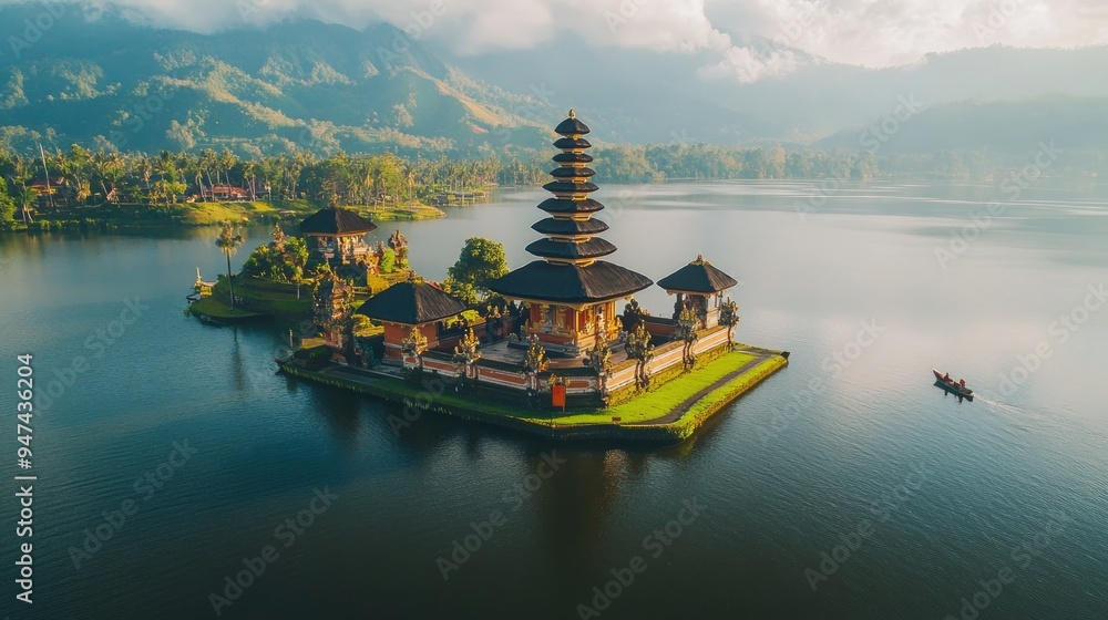 Obraz premium Aerial view of pura ulun danu tamblingan, balinese hindu temple on lake tamblingan- lake tamblingan, buleleng regency, bali, indonesia