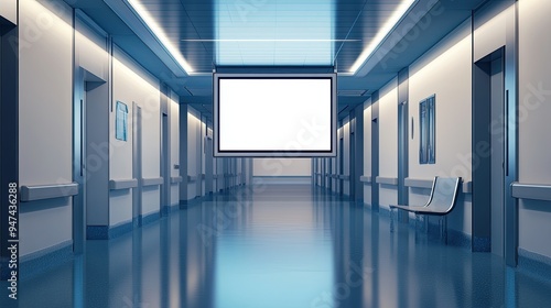 A digital billboard in a high-tech hospital corridor, featuring a blank screen ready for futuristic ads.