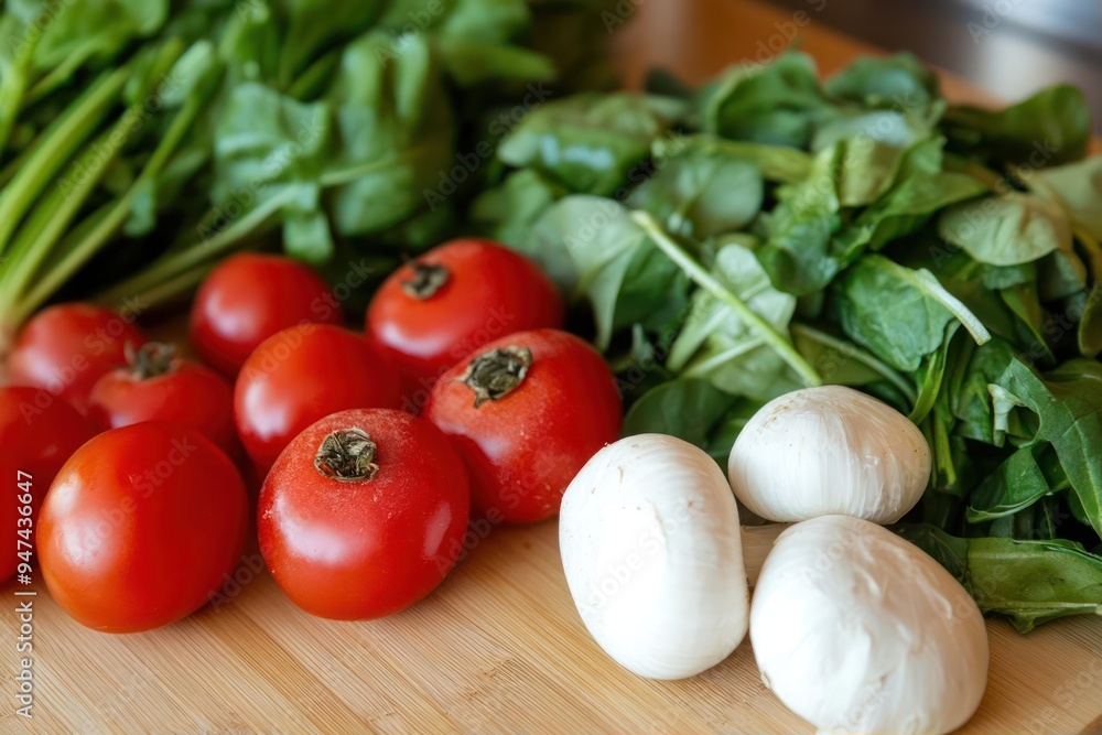 Fresh spinach, cherry tomatoes, and mushrooms on a wooden board. Fresh spinach, cherry tomatoes, and mushrooms on a wooden board.