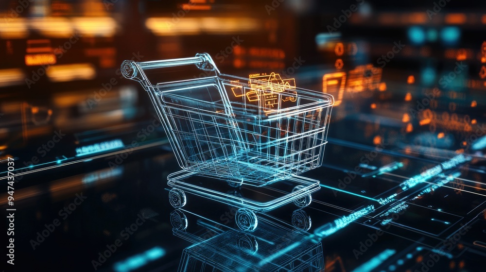 A dynamic shopping cart in a digital environment, showcasing a futuristic take on online shopping.
