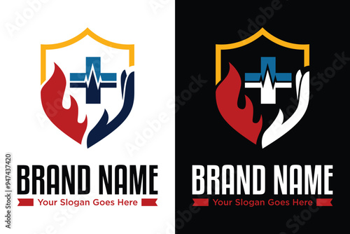 modern simple fire hand health care shield logo design vector illustration