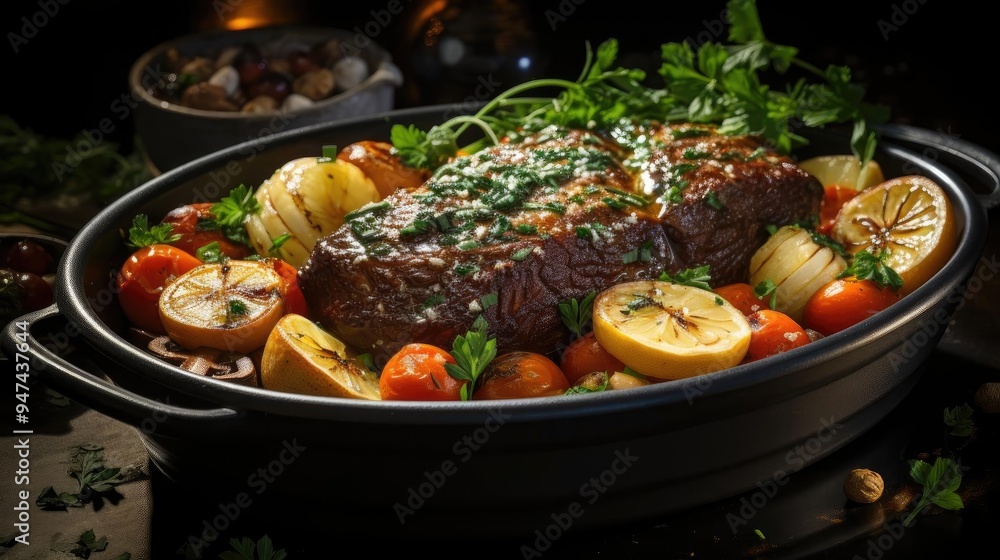 A rich, hearty beef stew with potatoes, carrots, onions, garlic, bay leaves, parsley, A rich, hearty beef stew with potatoes, carrots, onions, garlic, bay leaves, parsley,