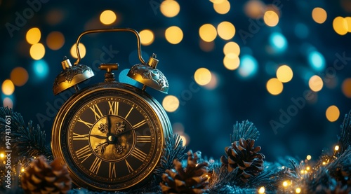 Golden Clock with Roman Numerals Against Enchanting Blue Background with Festive Details