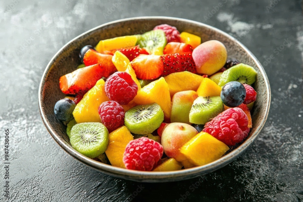 Close up of a bowl of fresh fruit salad with kiwi, mango, peach, raspberry and grapes on a grey background. Close up of a bowl of fresh fruit salad with kiwi, mango, peach, raspberry and grapes on a grey background.