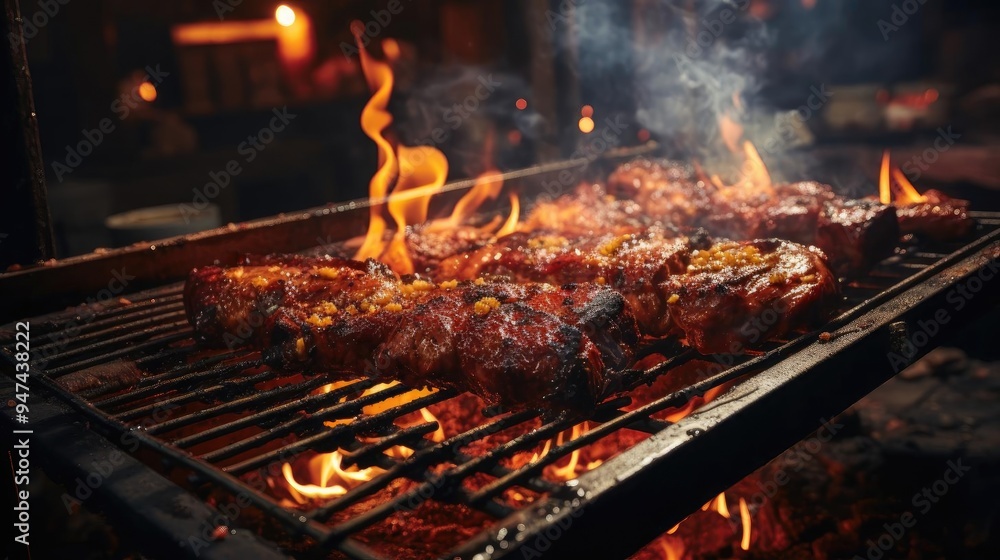 Flames are coming from the meat, indicating it is cooking over a hot grill. Flames are coming from the meat, indicating it is cooking over a hot grill.