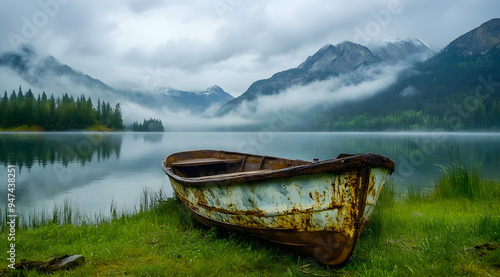 An Old Rusty Boat Sits on the Shore of Lake Chebarkul, Evoking Nostalgia and Decay, Perfect for Themes of Abandonment, Time’s Passage, and the Serenity of Nature Meeting Human History in High-Resoluti photo