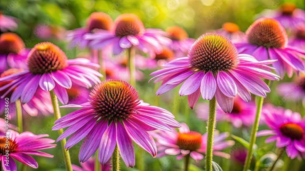 Fototapeta premium Blooming purple echinacea purpurea flowers in a garden, medicinal herb, coneflower, echinacea, purple
