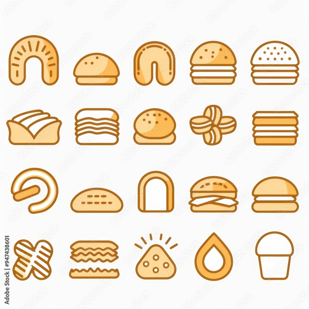 Bread loaves icon, bakery products set, flat minimal pastry collection, baked buns, baguettes symbols Bread loaves icon, bakery products set, flat minimal pastry collection, baked buns, baguettes symbols
