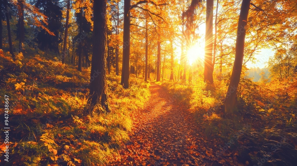 Golden Autumn Forest Path with Sun Rays Golden Autumn Forest Path with Sun Rays