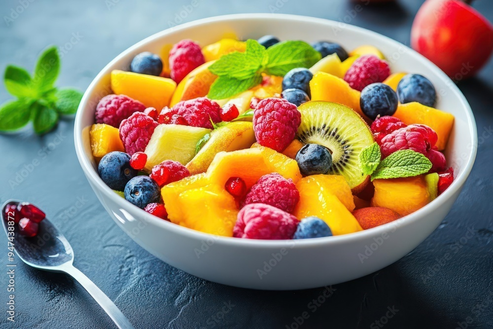 Close-up of a bowl of fresh fruit salad with mango, kiwi, raspberries, blueberries, and pomegranate seeds. Close-up of a bowl of fresh fruit salad with mango, kiwi, raspberries, blueberries, and pomegranate seeds.