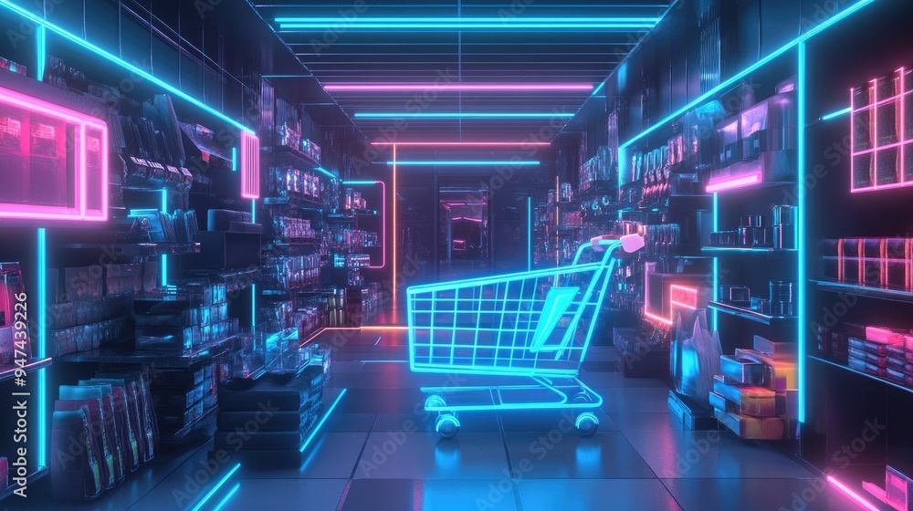 A high-tech shopping cart in a virtual space, surrounded by neon-lit products in a futuristic setting. A high-tech shopping cart in a virtual space, surrounded by neon-lit products in a futuristic setting.