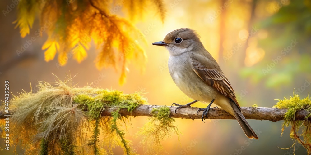 Obraz premium A Dusky Flycatcher perches on ancient cypress branch, warmly lit by sun's rays, its gray feathers, yellow wing bars, and creamy beak exuding serenity.