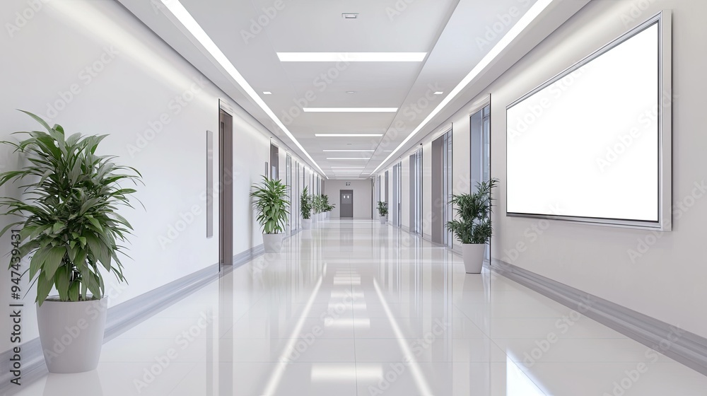 Fototapeta premium A hospital lobby with a spacious blank billboard, surrounded by clean lines and bright, clinical lighting.
