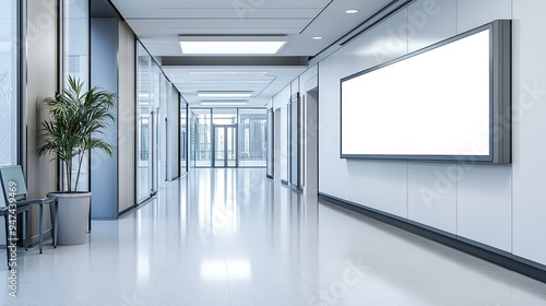 A hospital entrance with a blank billboard, framed by clean, modern architecture and sliding doors.