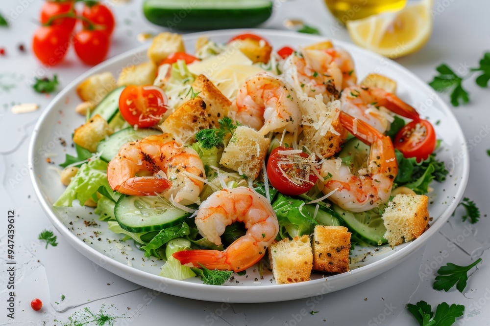 Caesar Salad with Shrimps, Chicken, Croutons, Tomatoes, Cucumbers on White Plate, Green Salad Caesar Salad with Shrimps, Chicken, Croutons, Tomatoes, Cucumbers on White Plate, Green Salad