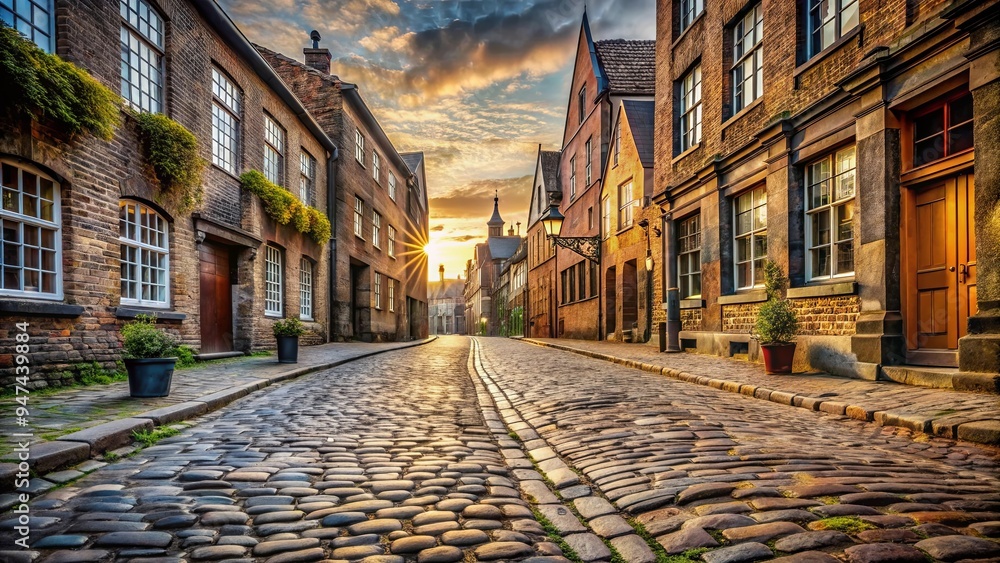 Fototapeta premium An old cobblestone street with historic buildings , vintage, architecture, heritage, cityscape, road, urban, nostalgia