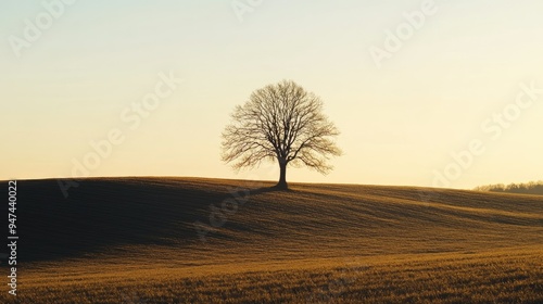 A lone tree in silhouette, with the setting sun casting long shadows across an expansive field at golden hour. photo