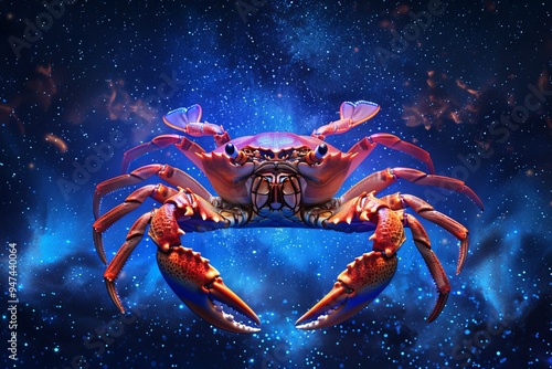 Cancer Zodiac Sign, Crab Horoscope Symbol, Magic Astrology Lobster, Crayfish in Fantastic Night Sky