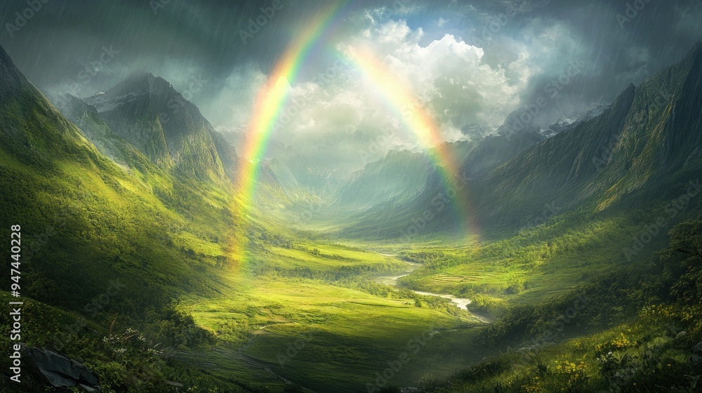 A lush green valley illuminated by a bright double rainbow, captured in the calm after a summer storm. A lush green valley illuminated by a bright double rainbow, captured in the calm after a summer storm.