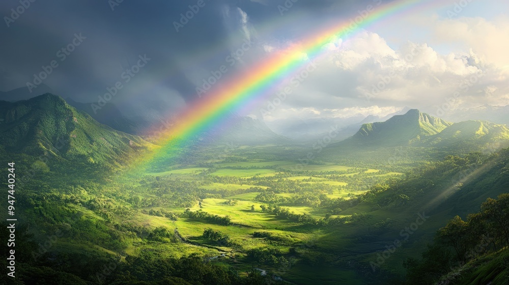 A lush green valley illuminated by a bright double rainbow, captured in the calm after a summer storm. A lush green valley illuminated by a bright double rainbow, captured in the calm after a summer storm.