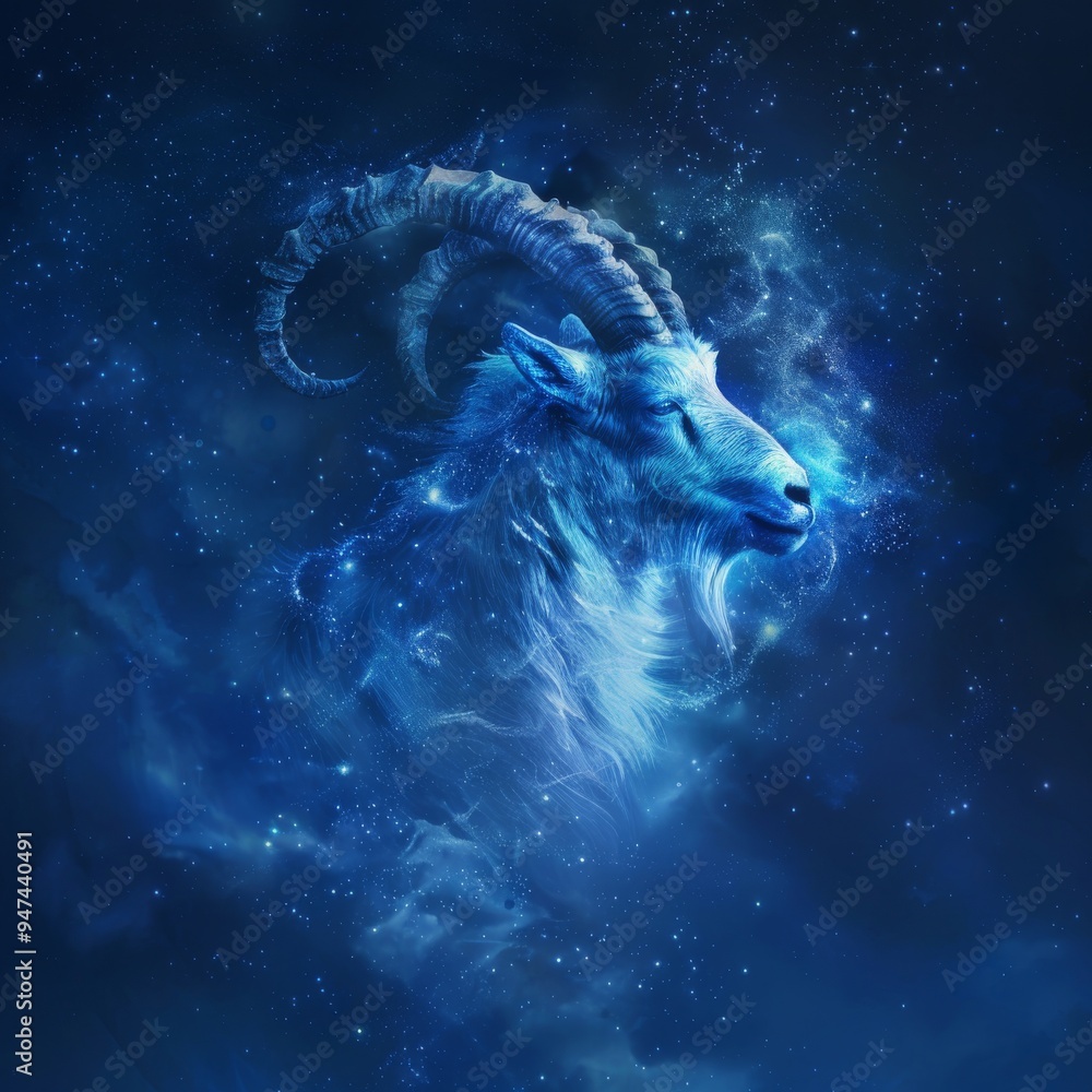 Capricorn Zodiac Sign, Goat Horoscope Symbol, Magic Astrology Ibex, Goat in Fantastic Night Sky