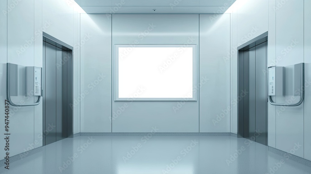 Obraz premium A minimalist hospital entrance with a blank billboard above automatic doors, ready for custom branding.