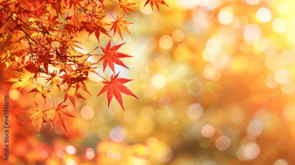 Autumnal Web Banner with Red and Yellow Maple Leaves and Bokeh Background for End of Year Activities Autumnal Web Banner with Red and Yellow Maple Leaves and Bokeh Background for End of Year Activities
