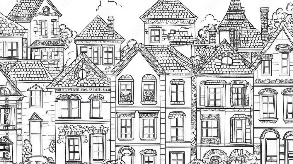 2D cartoon style coloring book pattern featuring artistic city houses Street background created from traced sketches with ink pen in a zentangle black and white design 2D cartoon style coloring book pattern featuring artistic city houses Street background created from traced sketches with ink pen in a zentangle black and white design