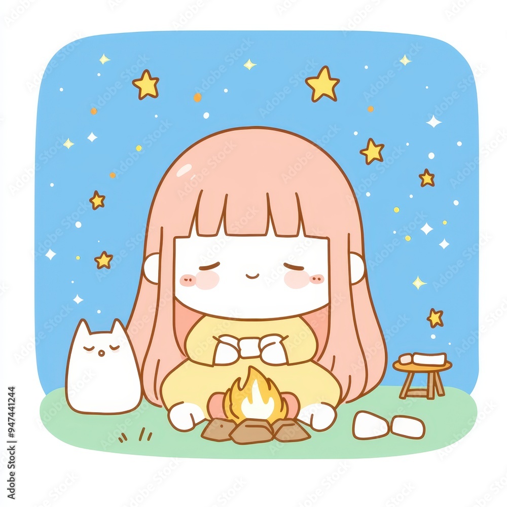 Cute Girl Camping with a Cat under Starry Sky Cute Girl Camping with a Cat under Starry Sky