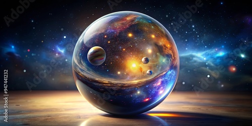 Shiny reflective marble orb with cosmos inside, reflecting sun, stars, planets and galaxies in a glass globe bowling ball , cosmos