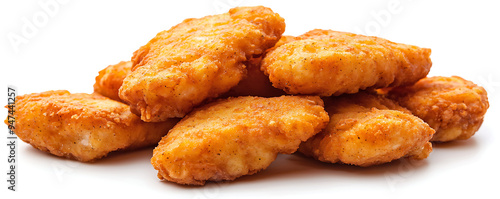 A set of golden, crispy fried chicken nuggets isolated against a clean white background photo