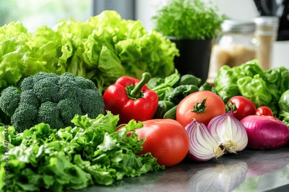 Fresh vegetables, including lettuce, broccoli, red bell peppers, tomatoes, and red onions, arranged on a dark countertop. Fresh vegetables, including lettuce, broccoli, red bell peppers, tomatoes, and red onions, arranged on a dark countertop.