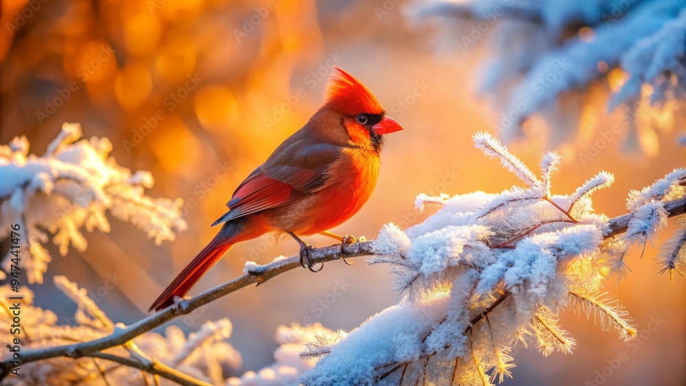 A majestic cardinal sits on a frosty branch, morning sunlight warming its feathers, infusing the winter air with soft pink and orange tones.
