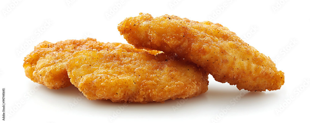 A set of golden, crispy fried chicken nuggets isolated against a clean white background A set of golden, crispy fried chicken nuggets isolated against a clean white background