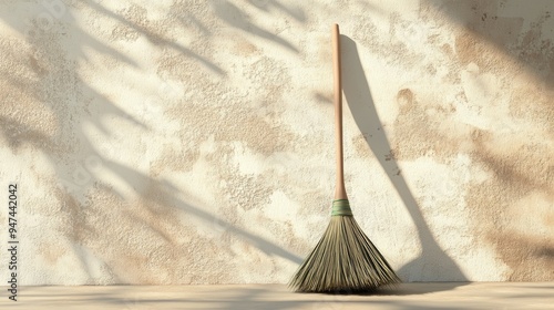 2D cartoon style broom leaning against a wall featuring a soft focus effect