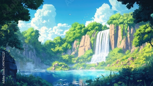 2D cartoon style artwork featuring a natural aesthetic Experience the authentic beauty of nature in this vibrant anime wallpaper optimized for 4K resolution