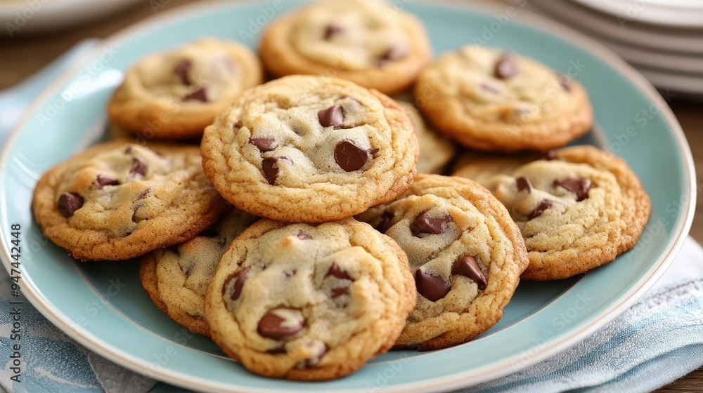A plate of freshly baked chocolate chip cookies, with gooey chocolate and golden brown edges. A plate of freshly baked chocolate chip cookies, with gooey chocolate and golden brown edges.