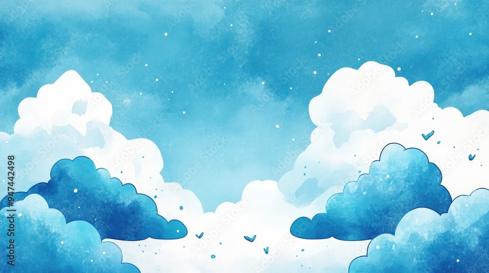 2D cartoon style blue clouds in a watercolor sky background ideal for decorative purposes related to rainy season and sky themes 2D cartoon style blue clouds in a watercolor sky background ideal for decorative purposes related to rainy season and sky themes