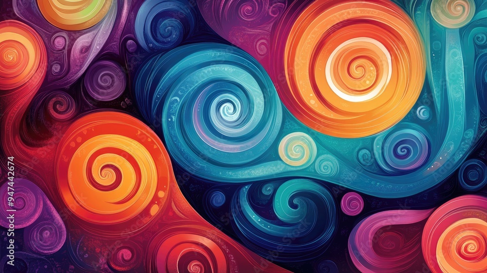 Abstract 2D cartoon style illustration featuring a vibrant array of shiny spirals Abstract 2D cartoon style illustration featuring a vibrant array of shiny spirals