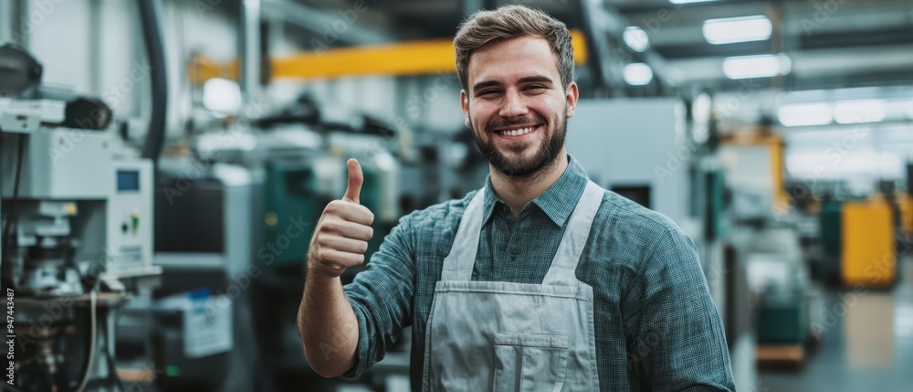 Worker in a modern factory giving a thumbsup, surrounded by automated machines, showcasing seamless production, smiling employee, industrial efficiency Worker in a modern factory giving a thumbsup, surrounded by automated machines, showcasing seamless production, smiling employee, industrial efficiency