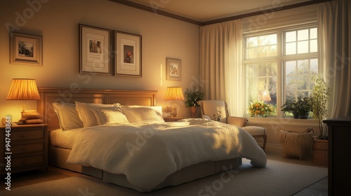 A serene bedroom featuring soft lighting and cozy furnishings, offering a peaceful retreat.