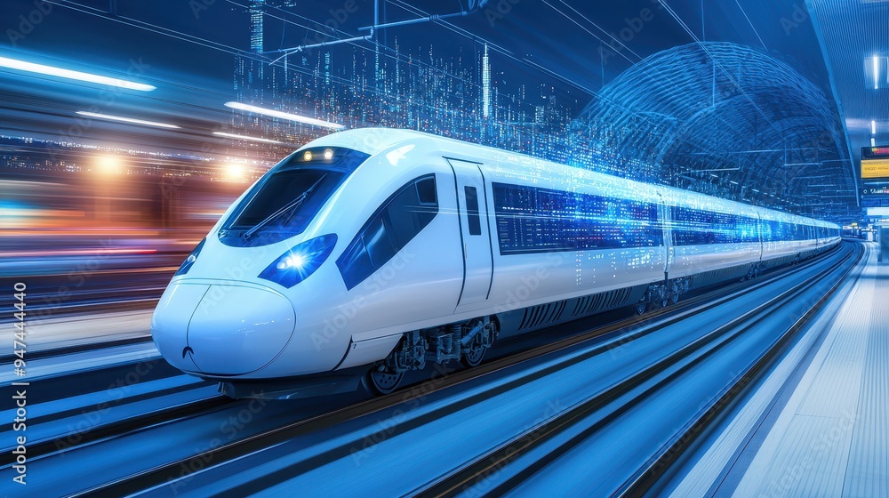 Naklejka premium High Speed Train in Motion with Abstract Cityscape