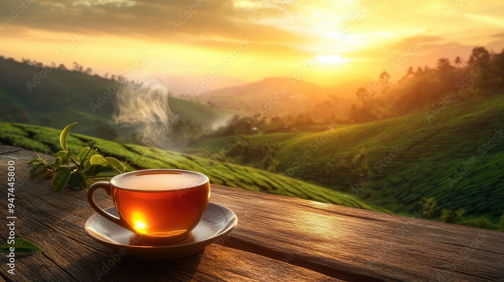 A steaming cup of tea on a rustic wooden table with a breathtaking view of a tea plantation at sunset. A steaming cup of tea on a rustic wooden table with a breathtaking view of a tea plantation at sunset.