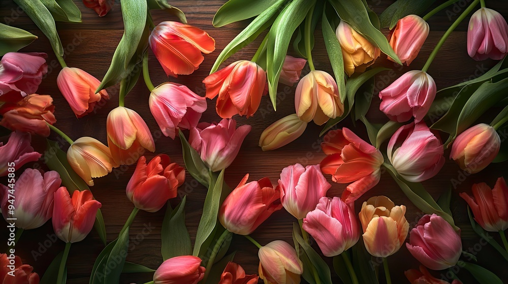 A stunning array of tulips, shot from above, on a wooden table, with soft natural lighting. A stunning array of tulips, shot from above, on a wooden table, with soft natural lighting.